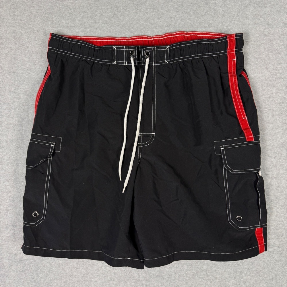 Y2K Cargo Board Shorts Mens 36 Black Red Contrast Stitch Swim Trunks Casual